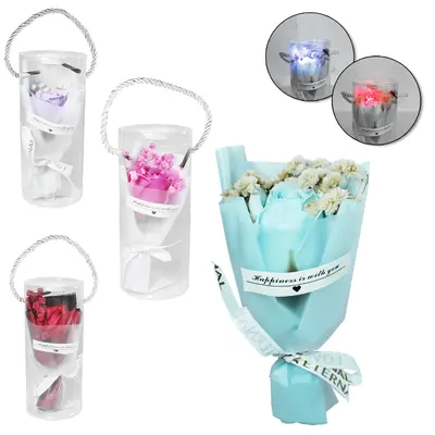 FLOR PERMANENTE BUQUE DE ROSA COM MICRO LED A BATERIA NO TUBO 16X7CM