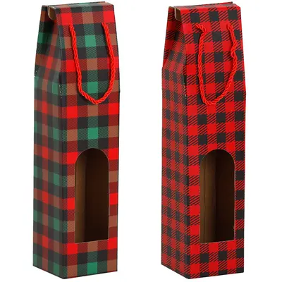 BOLSA SACOLA DE PAPEL JANELA PARA GARRAFA DE VINHO XADREZ 38,5X9X9CM