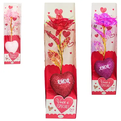 FLOR PERMANENTE BOTAO ROSA E CORACAO AMOR 23X7,5CM
