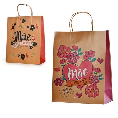 BOLSA SACOLA DE PAPEL PARA PRESENTE KRAFT MARROM FRASES MAE 16,5X11X6CM