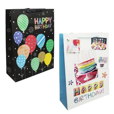 BOLSA SACOLA DE PAPEL PARA PRESENTE LUXO HAPPY BIRTHDAY COM GLITTER 40X30X12CM