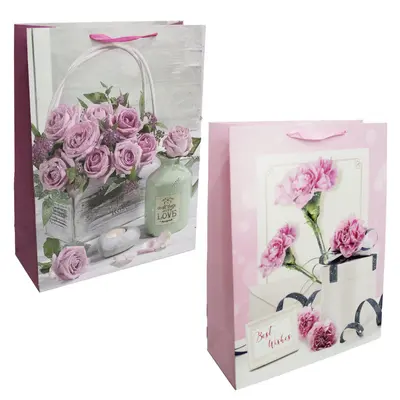 BOLSA SACOLA DE PAPEL PARA PRESENTE LUXO FLORES COM GLITTER 40X30X12CM