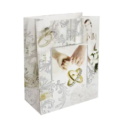 BOLSA SACOLA DE PAPEL PARA PRESENTE LUXO ALIANCAS NOIVA COM GLITTER 23X18X10CM