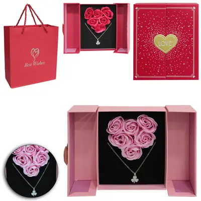 PORTA JOIAS CAIXA COM 6 ROSAS LOVE + COLAR NA SACOLA 16X13X5CM