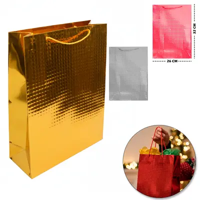 BOLSA SACOLA DE PAPEL PARA PRESENTE LUXO QUADRADO METALIZADO 32X26X12CM