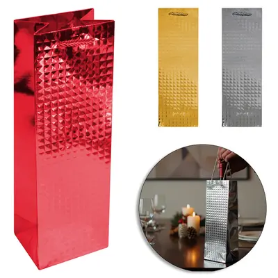 BOLSA SACOLA DE PAPEL PARA GARRAFA DE VINHO LUXO QUADRADO METALIZADO 35X11,5X9CM