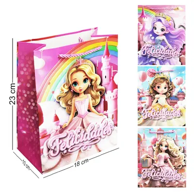 BOLSA SACOLA DE PAPEL PARA PRESENTE COM GLITTER PRINCESA FELICIDADES 3D 23X18X10CM