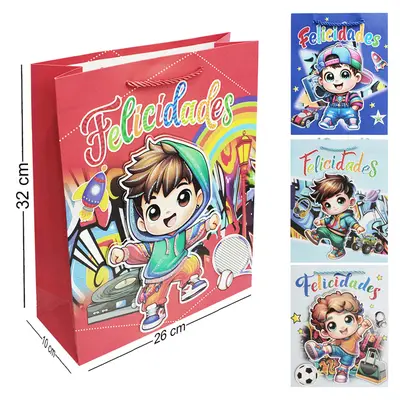 BOLSA SACOLA DE PAPEL PARA PRESENTE COM GLITTER BOY FELICIDADES 3D 32X26X10CM