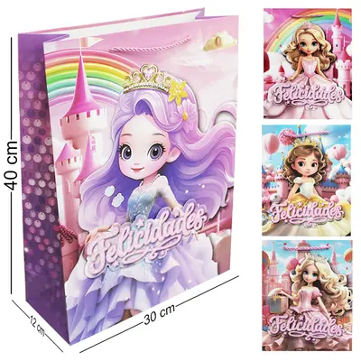 BOLSA SACOLA DE PAPEL PARA PRESENTE COM GLITTER PRINCESA FELICIDADES 3D 40X30X12CM