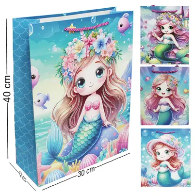 BOLSA SACOLA DE PAPEL PARA PRESENTE COM GLITTER SEREIA 3D 40X30X12CM