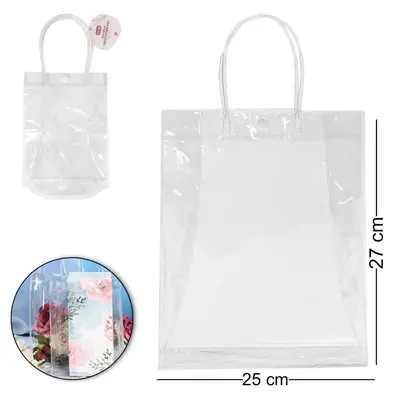 BOLSA SACOLA DE PLASTICO PARA PRESENTE TRANSPARENTE COM BOTAO 27X25X7CM