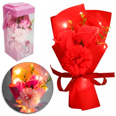 FLOR PERMANENTE BUQUE DE ROSA COM MICRO LED A BATERIA NA CAIXA PVC 23X10X10CM