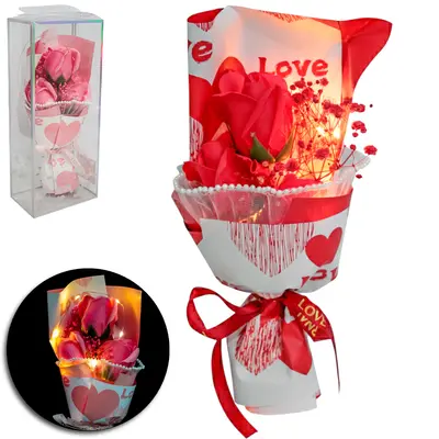 FLOR PERMANENTE BUQUE DE ROSA COM MICRO LED A BATERIA NA CAIXA PVC 27X11,5X7,5CM