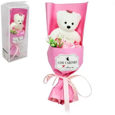 FLOR PERMANENTE BUQUE DE ROSA COM URSO NA CAIXA PVC 24,5X10X7CM