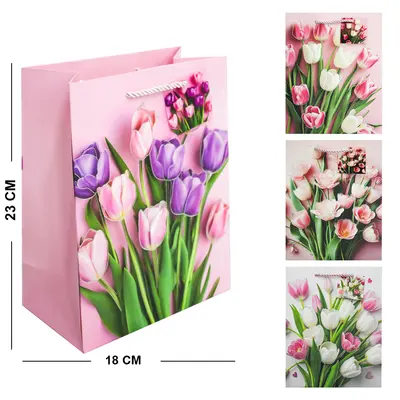 BOLSA SACOLA DE PAPEL PARA PRESENTE LUXO TULIPAS 23X18X10CM