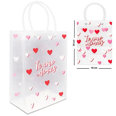 BOLSA SACOLA DE PLASTICO PARA PRESENTE TRANSPARENTE TE AMO EM CADA DETALHE / TE AMO DEMAIS P 24X18X10CM