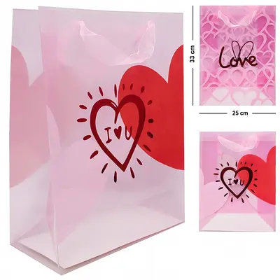 BOLSA SACOLA DE PLASTICO PARA PRESENTE TRANSPARENTE LOVE CORACAO G 33X25X12CM