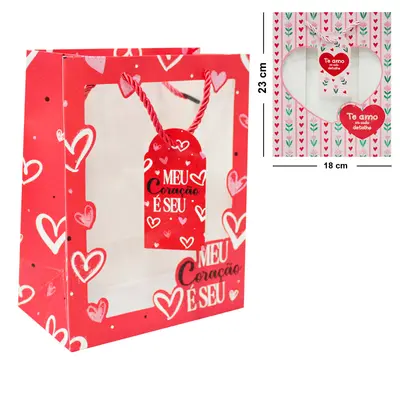 BOLSA SACOLA DE PAPEL PARA PRESENTE LUXO TE AMO DEMAIS COM GLITTER E VISOR P 23X18X10CM