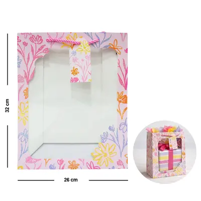 BOLSA SACOLA DE PAPEL PARA PRESENTE LUXO FLORAL COM GLITTER E VISOR M 32X26X12CM