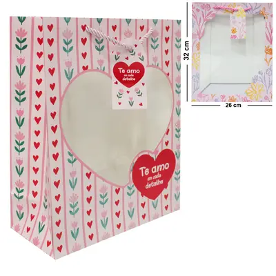 BOLSA SACOLA DE PAPEL PAR PRESENTE LUXO TE AMO EM CADA DETALHE COM GLITTER E VISOR CORACAO G 32X26X12CM
