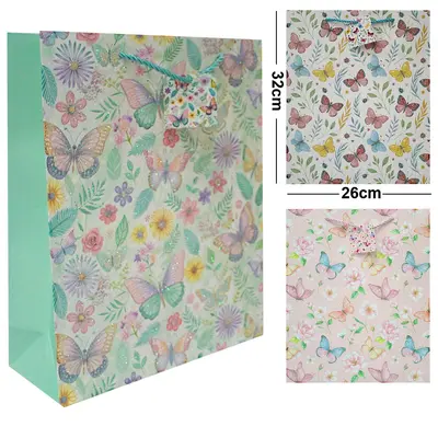 BOLSA SACOLA DE PAPEL PARA PRESENTE LUXO BORBOLETAS C/GLITTER M 32X26X10CM