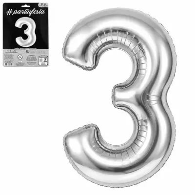 BALAO / BEXIGA NUMERO 3 METALIZADO PRATA 16'' 40CM