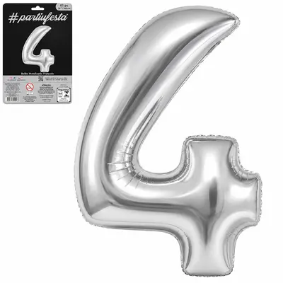 BALAO / BEXIGA NUMERO 4 METALIZADO PRATA 16'' 40CM