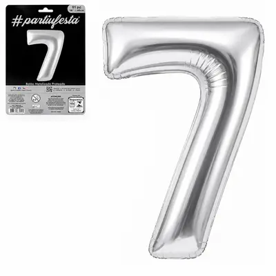 BALAO / BEXIGA NUMERO 7 METALIZADO PRATA 16'' 40CM