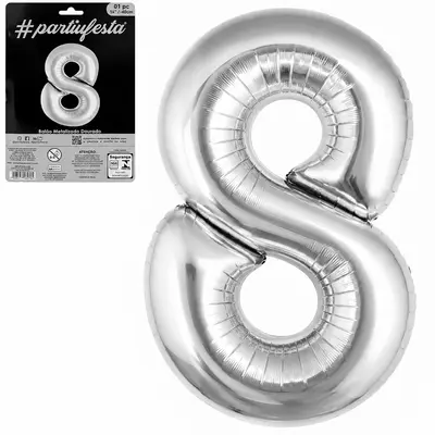BALAO / BEXIGA NUMERO 8 METALIZADO PRATA 16'' 40CM
