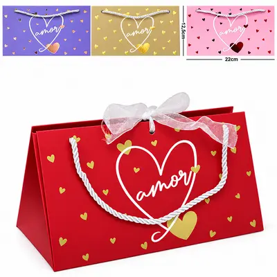 BOLSA SACOLA DE PAPEL PARA PRESENTE LUXO CORACOES COM TULE 22X12,5X11,5CM