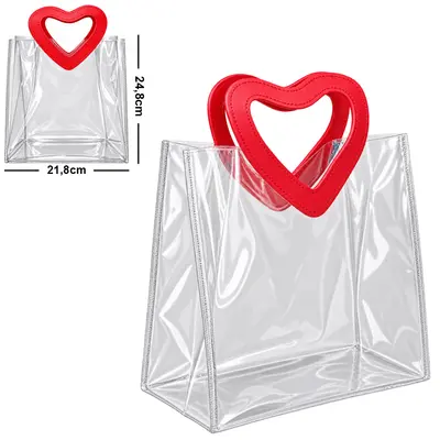 BOLSA SACOLA DE PVC PARA PRESENTE TRANSPARENTE COM ALCA CORACAO VERSY G 24,8X21,8X12CM