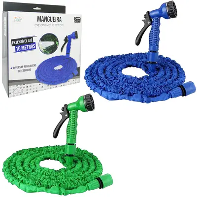 MANGUEIRA COM ESGUICHO JARDIM EXPANSIVA JATO 7 FUNCOES + TRAVA E ADAPTADOR 5 ATE 15M