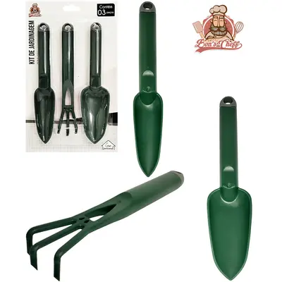 KIT PARA JARDIM COM 2 PAS + GARFO E ANCINHO / RASTELO CABO PLASTICO 3 PECAS