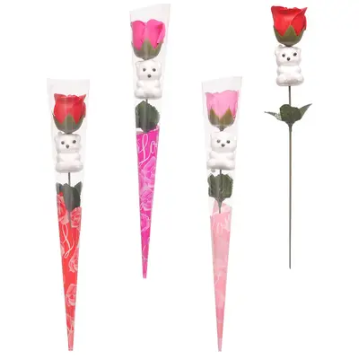 FLOR PERMANENTE BOTAO DE ROSA COM URSO 34CM