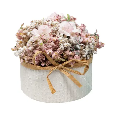 ENFEITE ARRANJO DE FLORES SECAS RUSTICA COM VASO REDONDO E LACO 9X9CM DE Ø