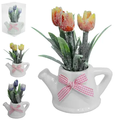 FLOR PERMANENTE TULIPA COM VASO DE PORCELANA REGADOR 11,5X5,6CM VCF