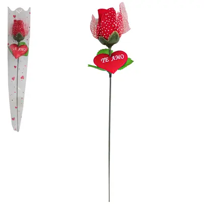FLOR PERMANENTE BOTAO DE ROSA COM CORACAO TE AMO 34CM