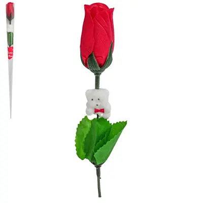 FLOR PERMANENTE BOTAO DE ROSA COM URSO 36CM