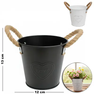 VASO DECORATIVO DE METAL REDONDO COM ALCA DE CORDA 13X12X9,5CM