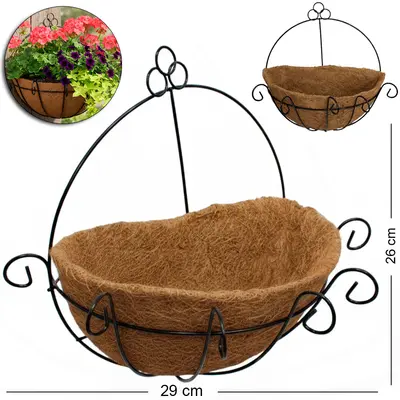 CESTO SUSPENSO / VASO DE FIBRAS NATURAIS COM GANCHO E SUPORTE ARAMADO DE PAREDE 29X26X17CM