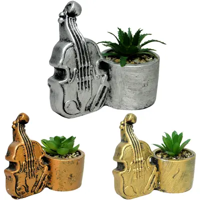 FLOR PERMANENTE SUCULENTA COM VASO DE CIMENTO VIOLINO METALIZADO 12,5X11,3X6,2CM