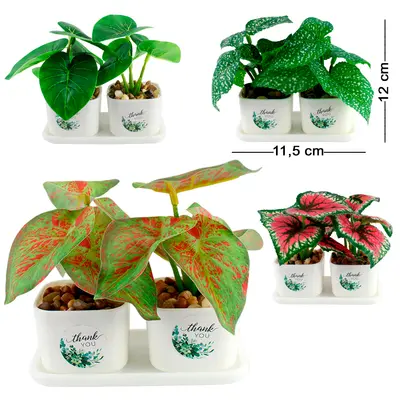 FLOR PERMANENTE FOLHAGEM DUPLA COM VASO E PRATO DE PLASTICO 12X11,5X6CM VCF