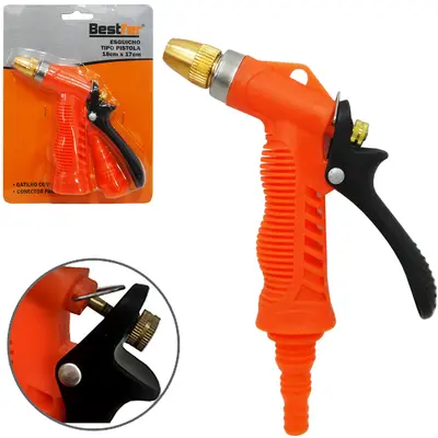 ESGUICHO PARA MANGUEIRA PISTOLA COM CONECTOR LONGO + TRAVA LARANJA 18X17CM