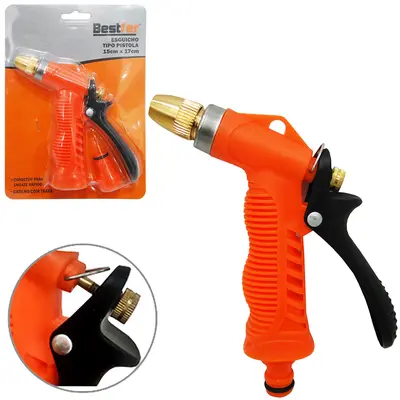 ESGUICHO PARA MANGUEIRA PISTOLA CONECTOR CURTO + TRAVA LARANJA 15X17CM