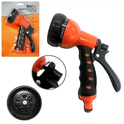 ESGUICHO PARA MANGUEIRA COM JATO 7 FUNCOES + CONECTOR CURTO E TRAVA LARANJA 20X17CM