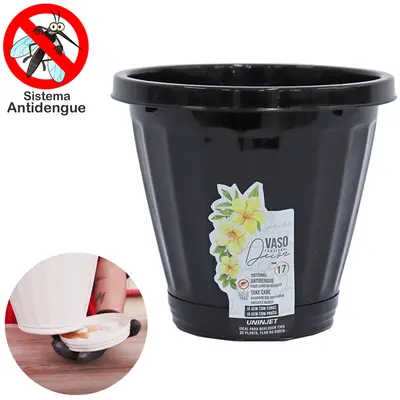 VASO REDONDO PRETO FUNCIONAL DECOR ANTIDENGUE N°17 COM PRATO 1,9L 14,5X17CM DE Ø DE PLASTICO