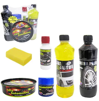 KIT LAVA AUTO COM CERA 5 EM 1 COM LAVA AUTOS / PRETINHO / SILICONE / DESODORIZANTE + ESPONJA