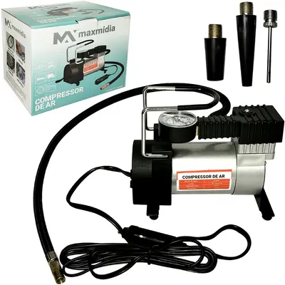 MINI COMPRESSOR DE AR AUTOMOTIVO 12V COM CALIBRADOR + 3 BICOS 150PSI MAXMIDIA