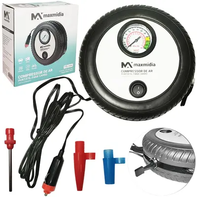 MINI COMPRESSOR DE AR PORTATIL AUTOMOTIVO 12V COM CALIBRADOR + 3 BICOS MAXMIDIA