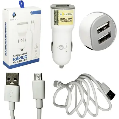 CARREGADOR VEICULAR RAPIDO COM 2 SAIDAS USB 2.4A + CABO V8 EXOCELL 1M